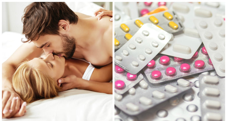 Bilden är ett montage på ett par som kysser varandra och en bild på p-piller.